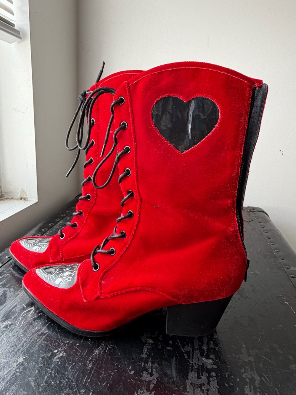 Strange Cvlt Red Velvet Lace Up Boots
